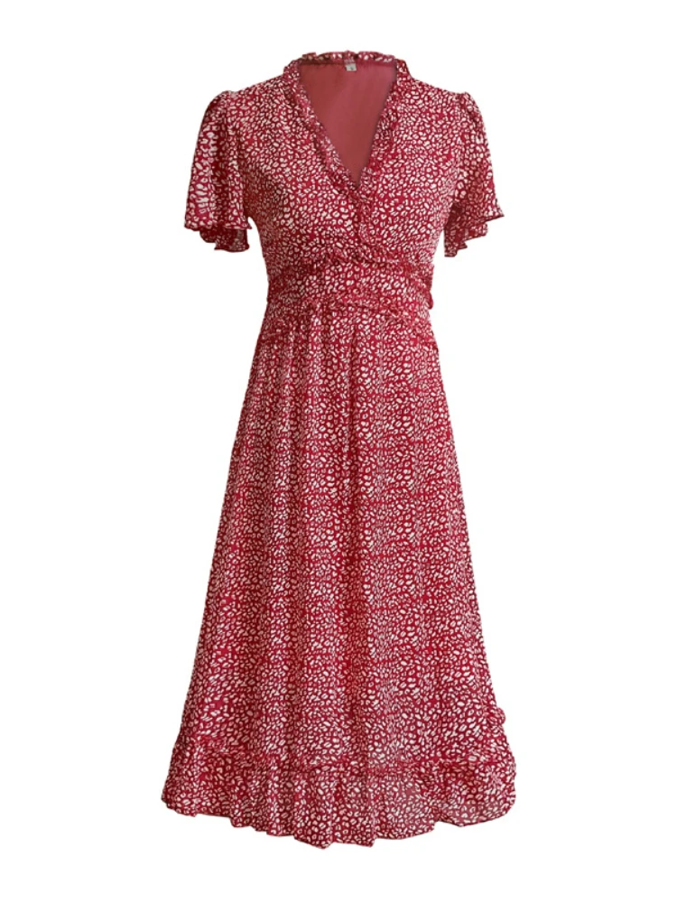 

Женское летнее платье с коротким рукавом, длинное платье с принтом в стиле бохо, пикантное свободное повседневное пляжное платье с V-образны...