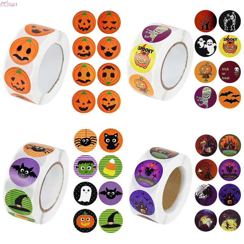 

500pcs 2.5cm Halloween Pumpkin Skeleton Round Label Sticker DIY Decorative Envelope Sealing Candy Bag Sticker Halloween Decor