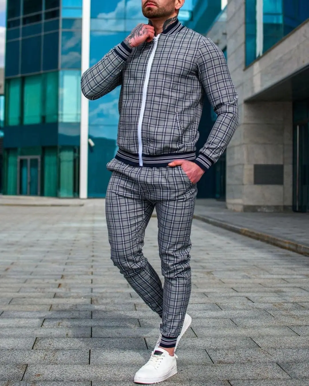 2022 Two Piece Outfits Suit Men Autumn Thin Plaid Fashion Zipper Jacket Trousers 3D Suit Gentlemen Clothing Sportswear