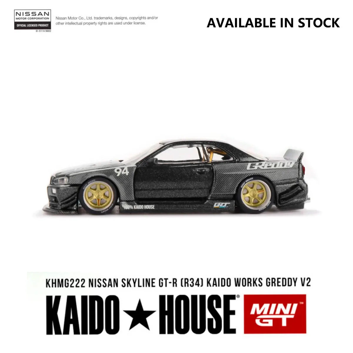 Фото Миниатюрная модель автомобиля Mini GT x Kaido House 1:64 Nissan Skyline GT-R R34 Kaido Works Greddy V2 из полностью карбонового сплава # KHMG222 В наличии №4