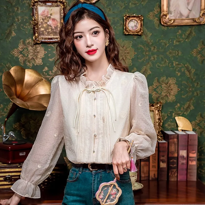 Женская блузка с длинным рукавом элегантная рубашка вышивкой в винтажном стиле