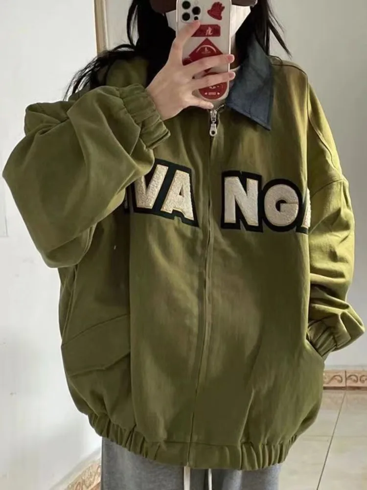 

Hip Hop Baseball Jacket Harajuku Streetwear Cargo Coat Green Women Cool Oversized Tops Vintage Ulzzang Bomber Jacket Femme
