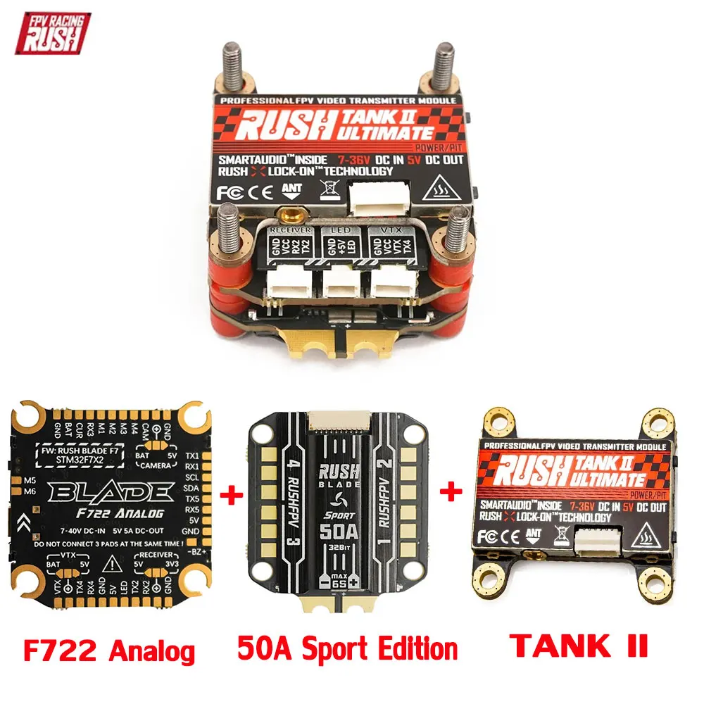 

RUSHFPV RUSH BLADE F722 Analog Flight Controller 50A BLHELI32 ESC TANK II 800mW VTX 3-6S Stack Combo for RC FPV Racing Freestyle