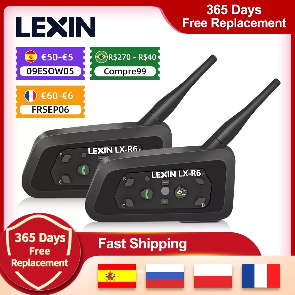 

Lexin Motorcycle Bluetooth Helmet Headsets Intercom for 2 Riders BT Wireless 1200m Intercomunicador Motorbike Interphone Music