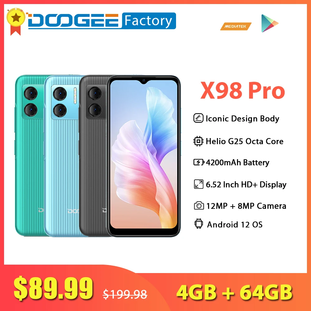Doogee X98 Pro 4GB 64GB Android 12 смартфон дисплей с высоким разрешением 6 52 дюйма восьмиядерн