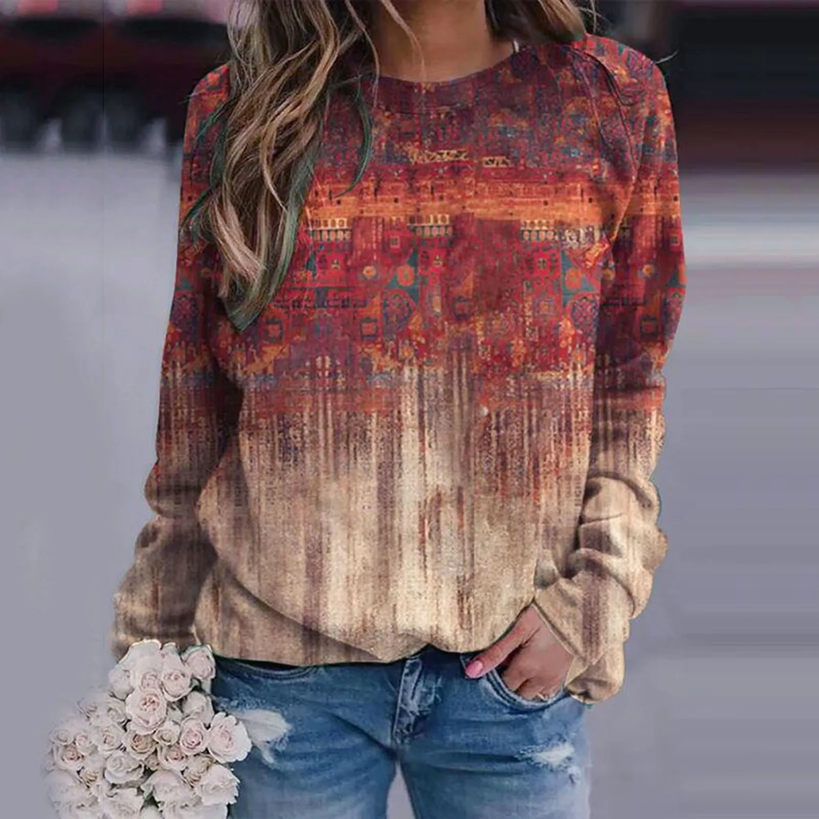 

Casual Short Sleeve Vintage Print Sweatshirt Womens Print Pullover Long Sleeves Folk Custom Top Blouse Women S Zippe Sweatshirt