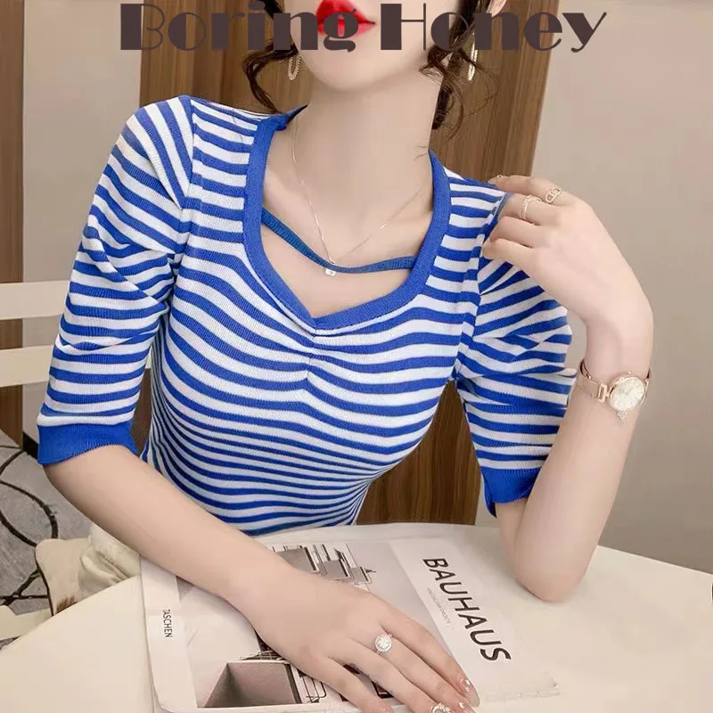

Boring Honey Fashion Women Blouses For Summer T-Shirt V-Neck Stripe Short Sleeves Tops Chic Knitting Hollow Out Women Clothing