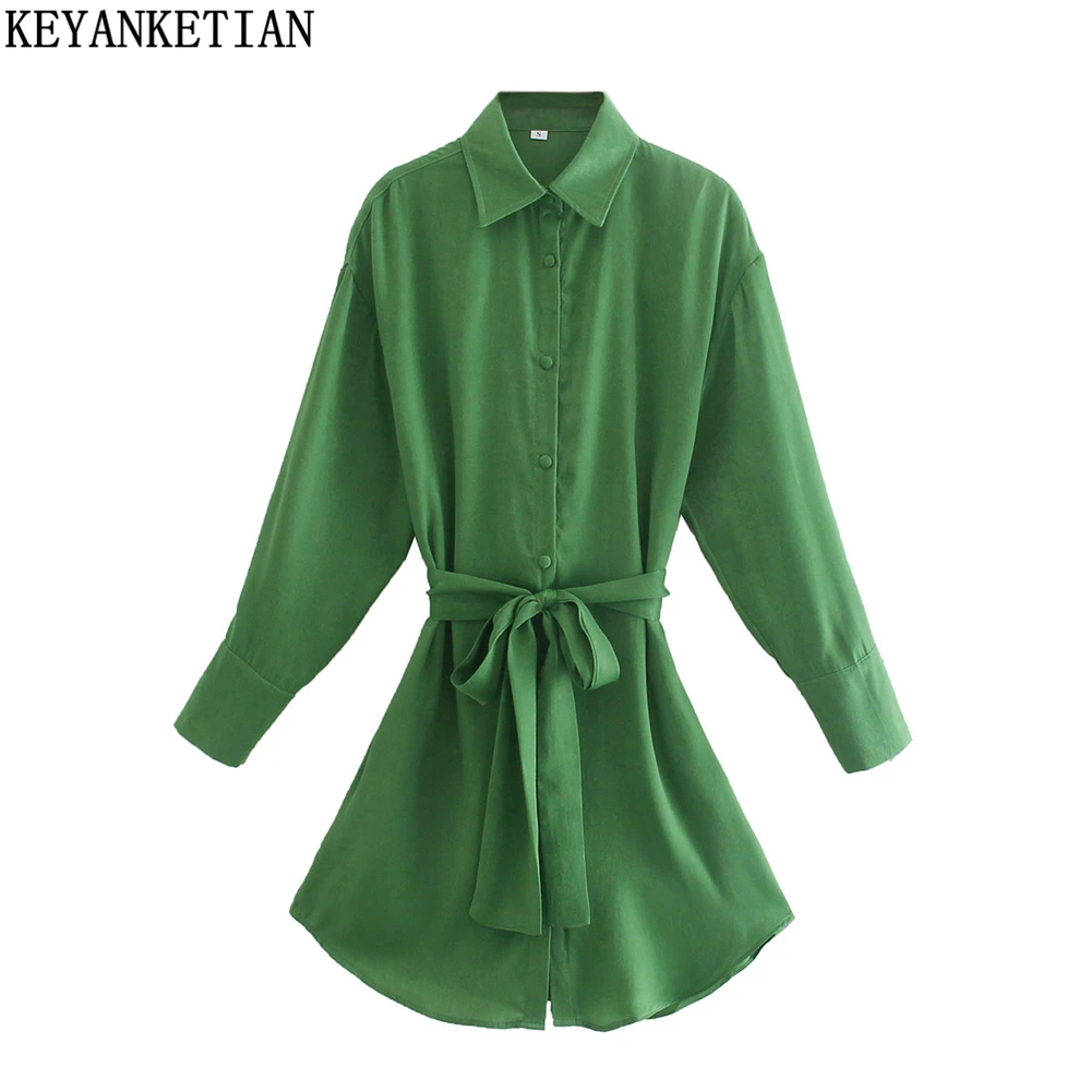 

KEYANKETIAN Spring New With Belt Single-Breasted Shirt-Style Dress Women's Casual Style Lapel Long-Sleeved Green Mini Skirt