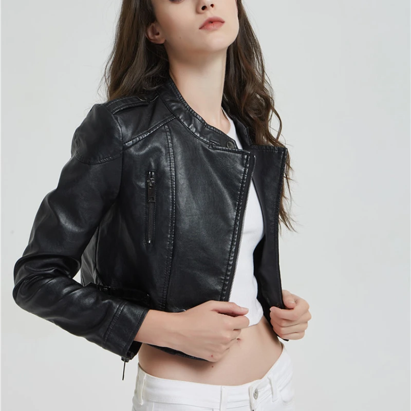 

Женская Байкерская короткая куртка, облегающая куртка с воротником-стойкой, простая темпераментная Маленькая кожаная куртка, водонепроницаемая куртка