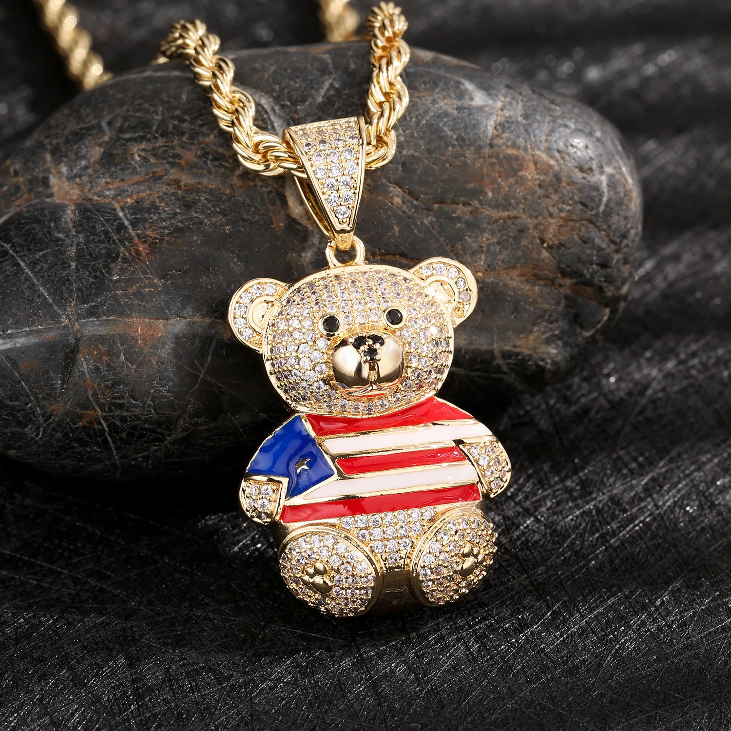 New Fashion Cute Bear Shape Colorful 14K Copper High Quality Hip Hop Zirconia Necklace Puerto Rico Pendant