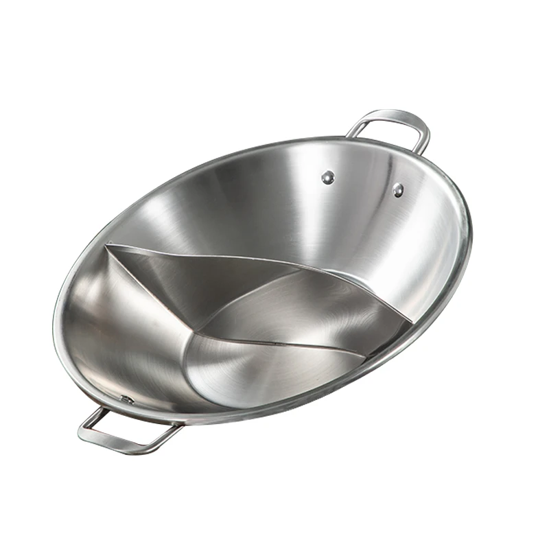 

New Two- Flavor Chinese Hot Pot Flat Base Cooking Pot Set Stainless Steel Wok With Handles For Restaurant Home Hotel