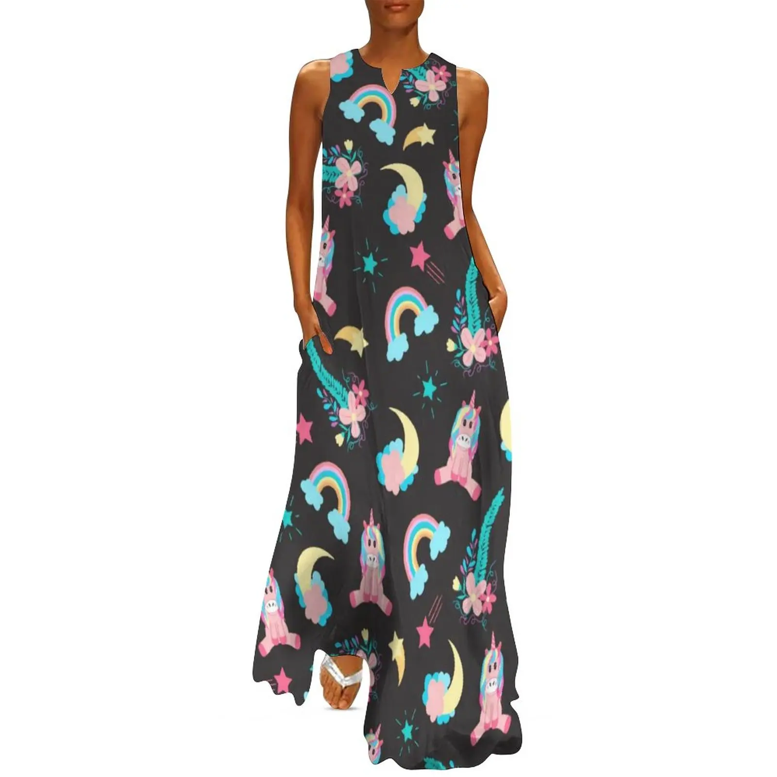 

Cute Pink Black Unicorn Dress Summer Rainbow Floral Stars Street Style Casual Long Dresses Woman Elegant Maxi Dress Gift