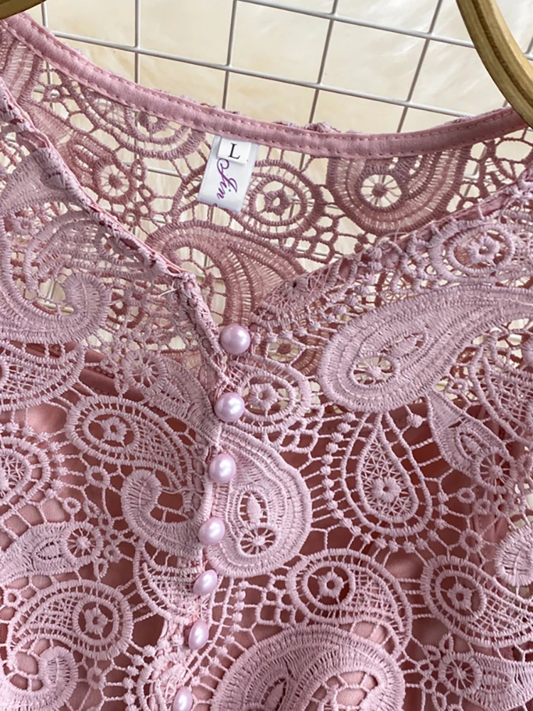 Женская винтажная кружевная блузка элегантная однобортная ажурная с длинным