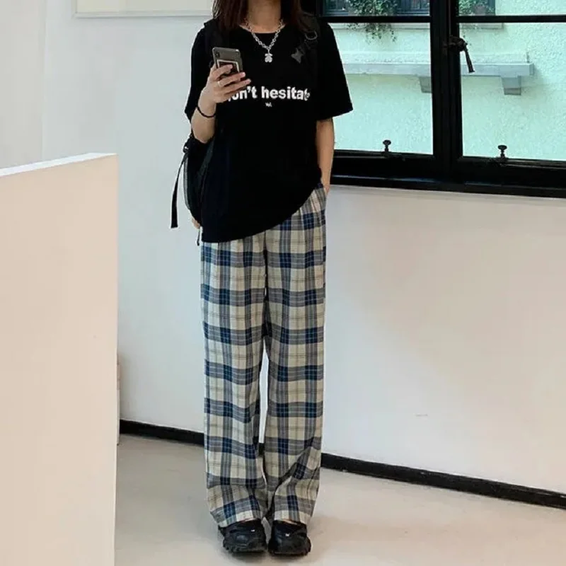 

Wide leg pants women clothes plaid casual sports pants loose straight leg pants harajuku korean fashion vintage trousers bar y2k