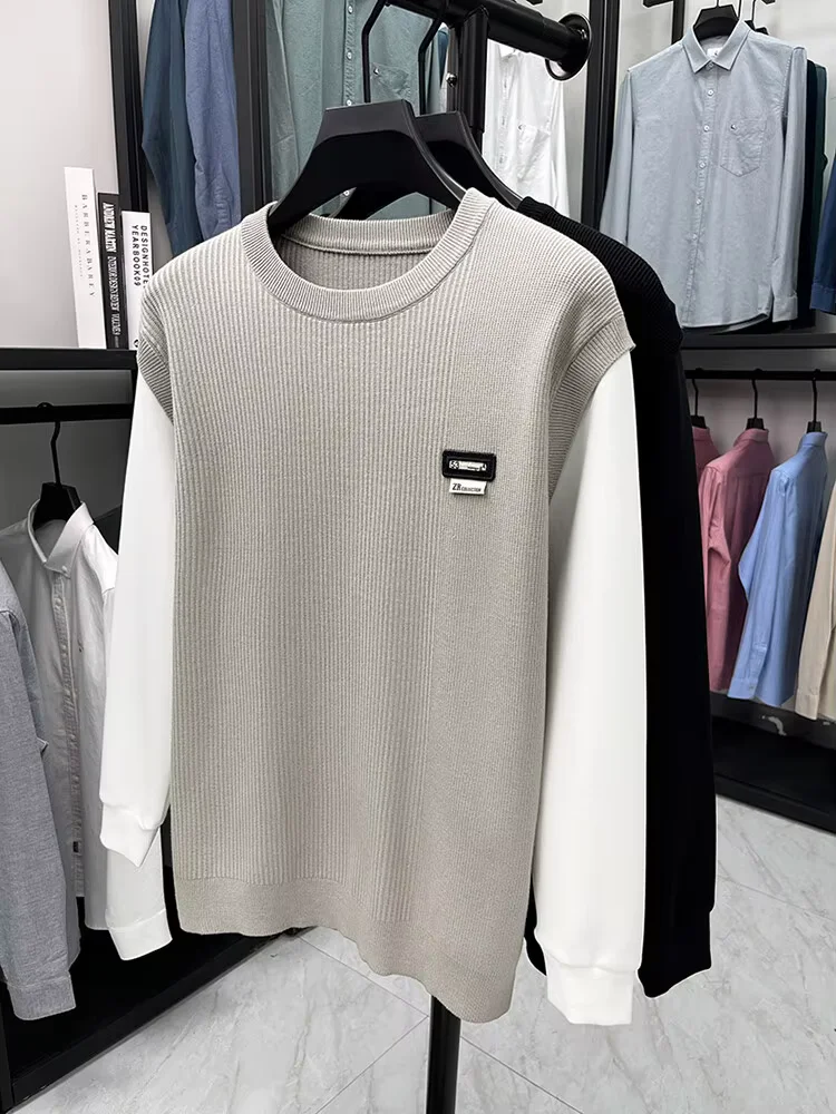  Мужской трикотажный свитер  Круглый воротник два поддельных осенних Высокий