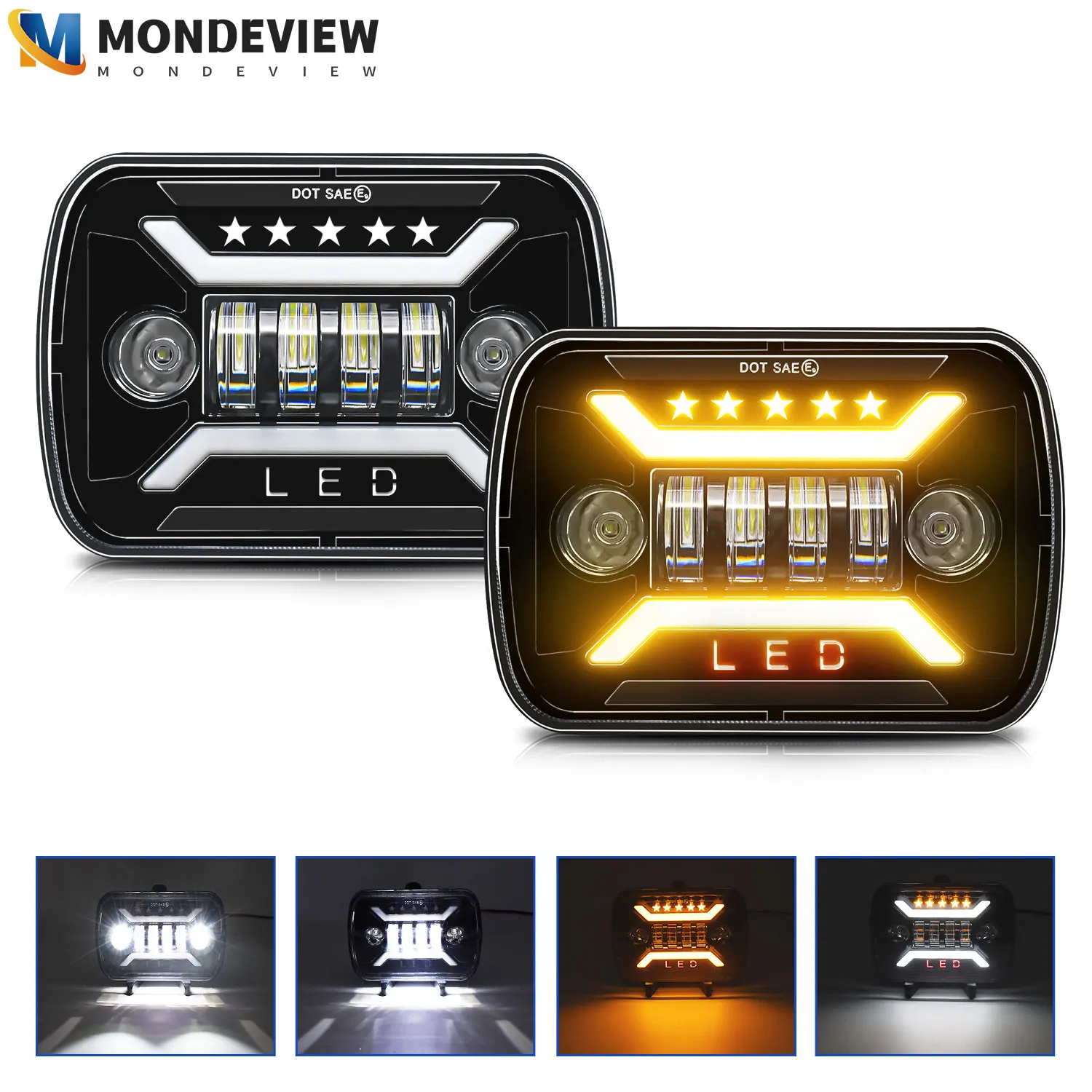 Фото Передние фары MONDEVIEW H4 5x7 7x6, квадратные фары Wrangler 2000 Вт, высокая мощность 6000 лм, высокая яркость K, белые фонари для автомобиля №1
