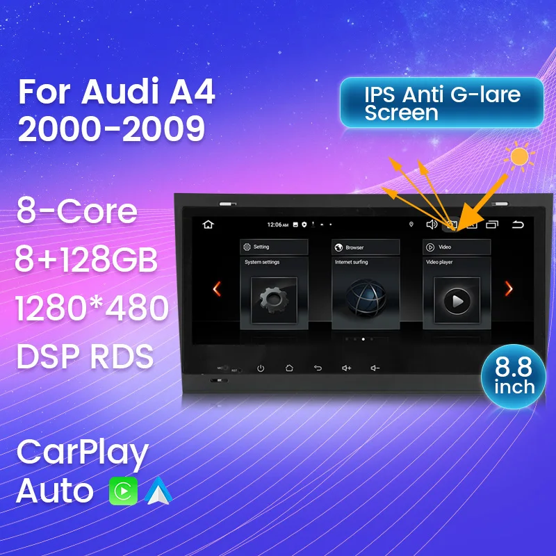 

8+128G Wireless Carplay Car radio For Audi A4 II 2 B6 III 3 B7 2000-2009 S4 2002-2008 RS4 2005-2009 Headunit DSP+RDS WIFI 4G
