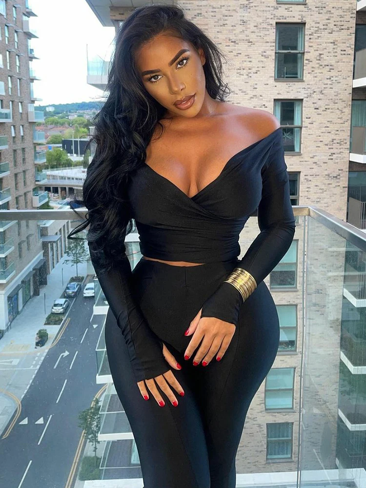 

WeiYao Autumn Sexy Y2K Clothes 2 Pieces Long Sleeve V-Neck High Waist Skinny Long Pants Matching Set Club Streetwear Outfits