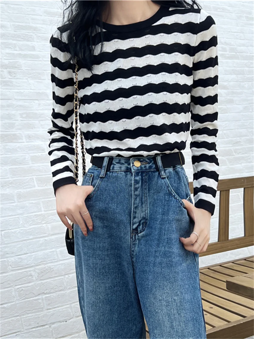 

HziriP Full Sleeve Tops Summer Women All Match Knitwear Stripes Fashion Loose Autumn Chic Casual Office Wear Cardigans Sweaters