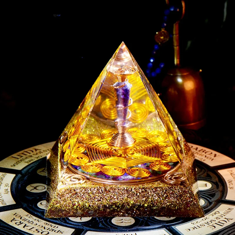 AURA REIKI Orgonite Pyramid Natural Amethyst Column Energy Pyramid Magnetic Field Converter Orgone Crystal Resin Decoration