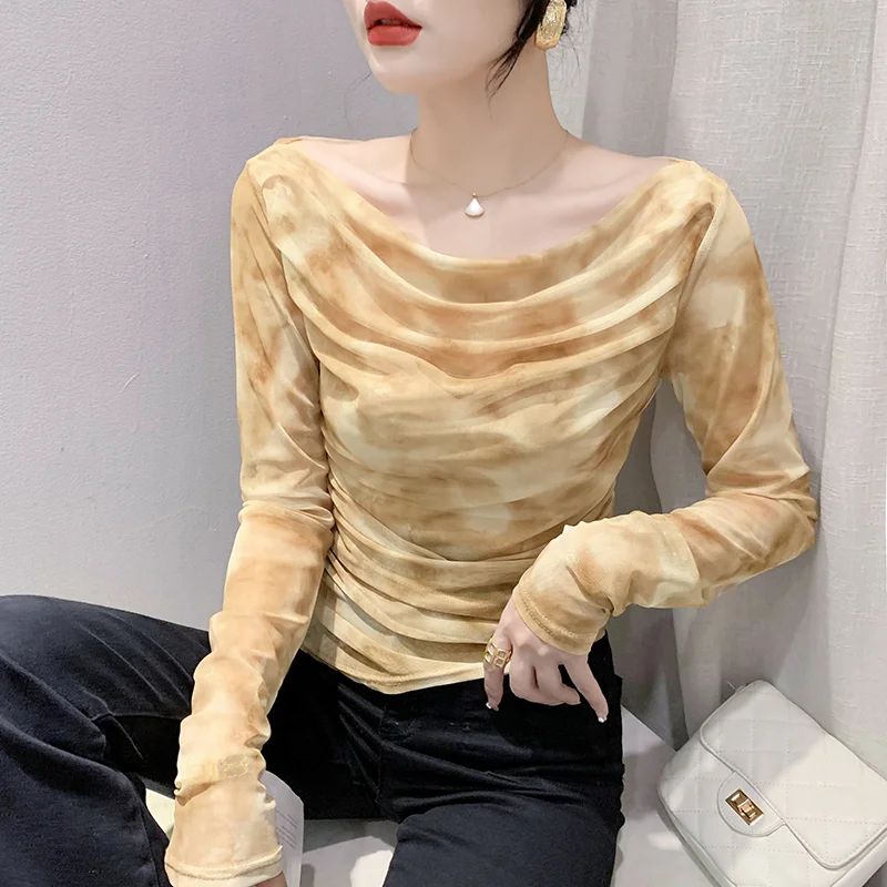 

Fashion Mesh Tees Slash Neck Long Sleeve Sunscreen Tshirt T-shirts for Women 2023 Summer Slim Fit Clothes New 27941