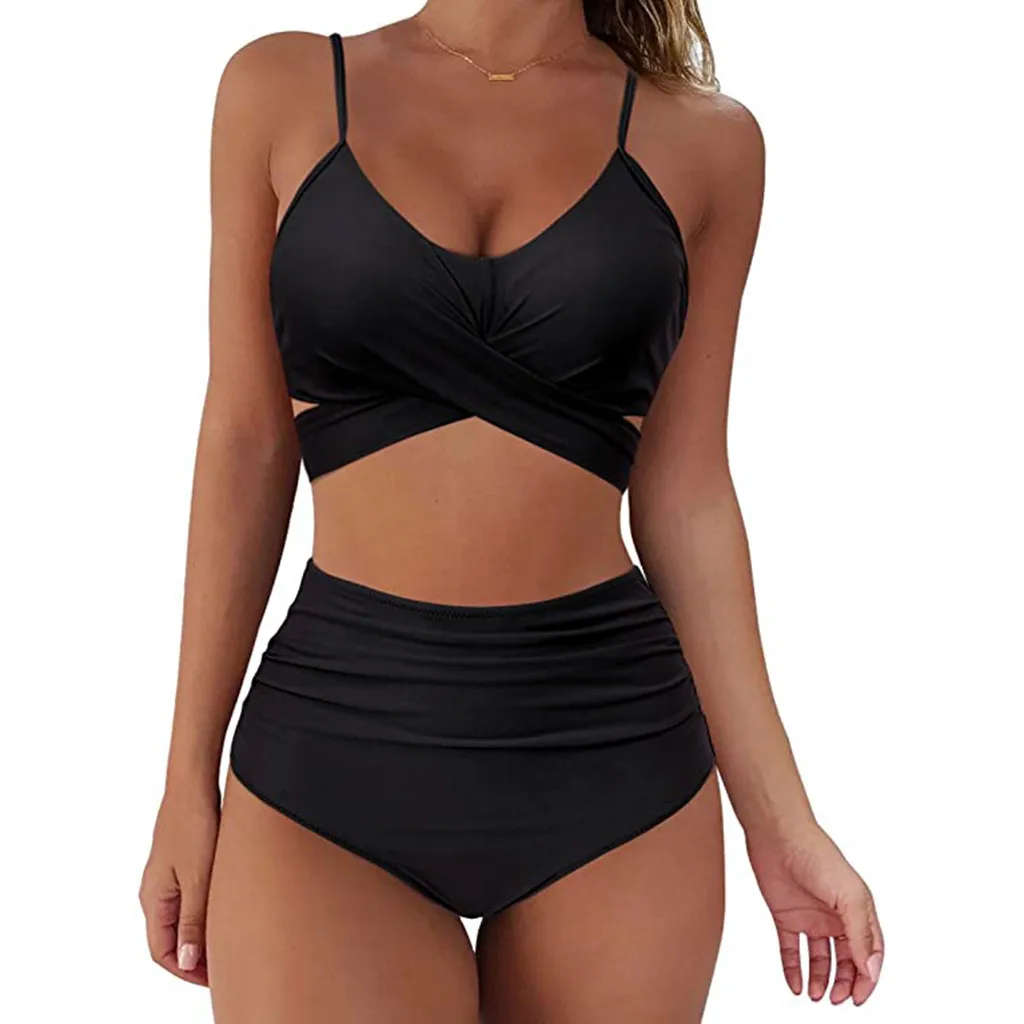 

Women Set Bathing Up Sexy Swimsuit Print Push Swimwear High Bikini Soild waist Swimwears Tankinis Set Swimwears bikini top