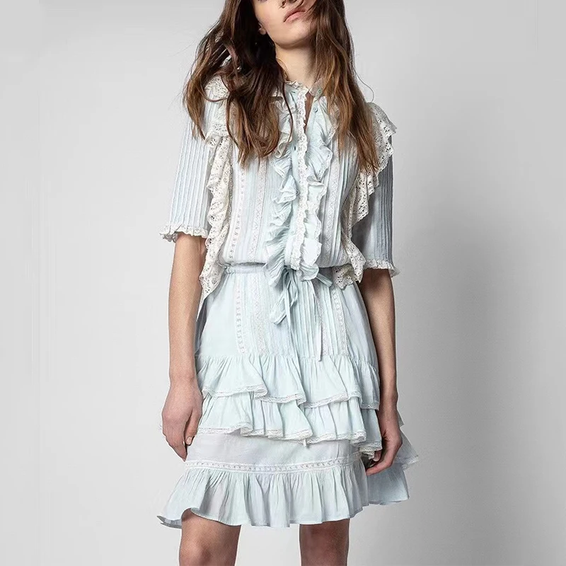 

Платье женское кружевное с оборками, шикарный Элегантный Повседневный Белый сарафан с коротким Расклешенным рукавом и поясом, в стиле пэчв...