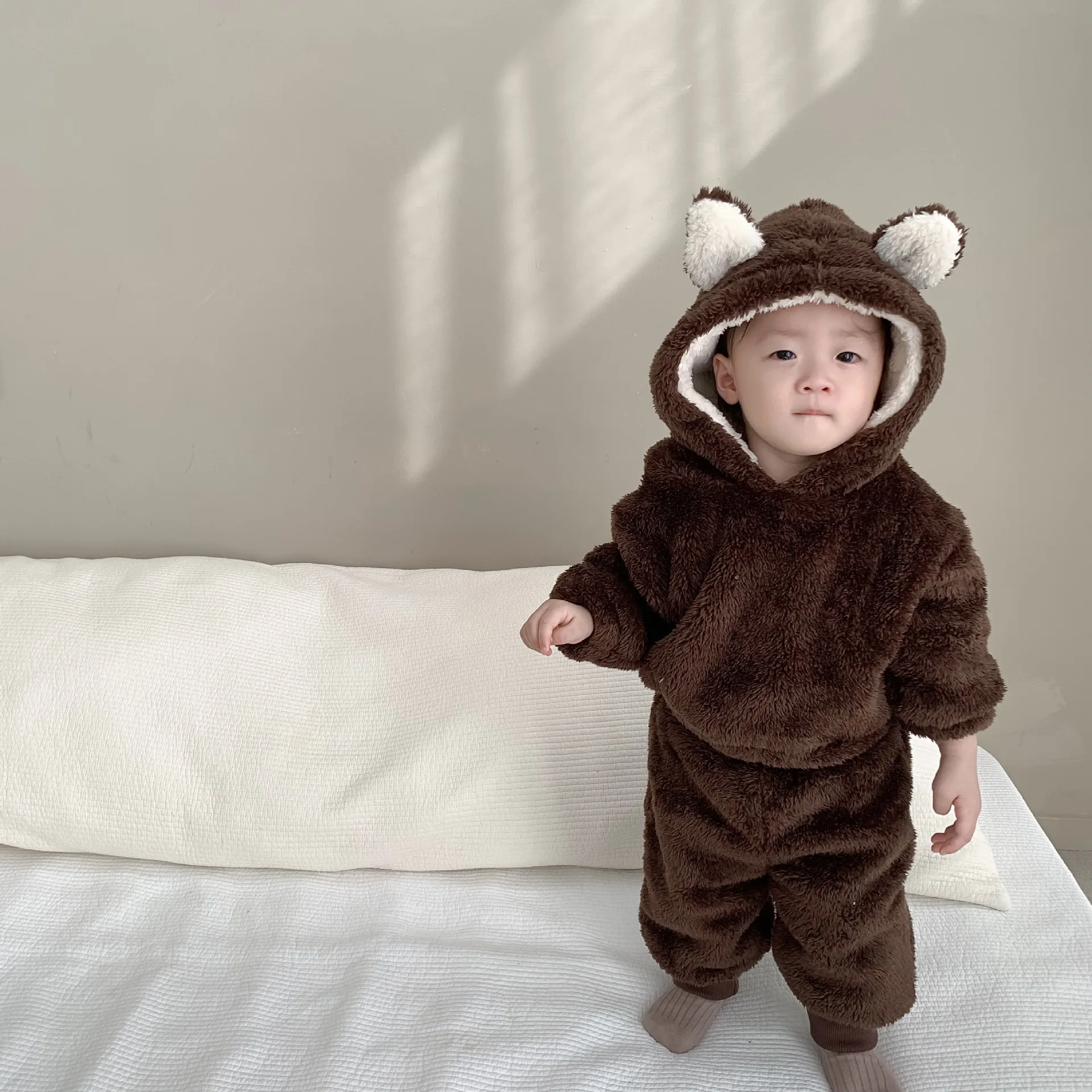 

Осенне-зимний плотный вельветовый топ + штаны для мальчиков и девочек, комплект из 2 предметов, хлопковый костюм с капюшоном для малышей детский повседневный комплект с флисовой толстовкой