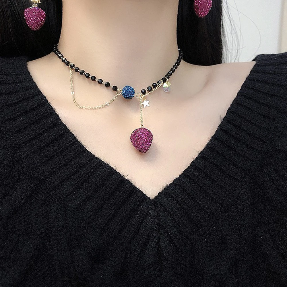 

Long Tassel Glass Beads Purple Crystal Strawberry Necklace For Women Double Fruit Pendant Necklace Party Jewelry