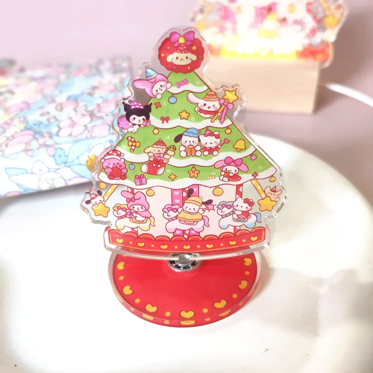 Kawaii Sanrios Рождественская елка вращающаяся подставка Hello Kitty креативный мини милый