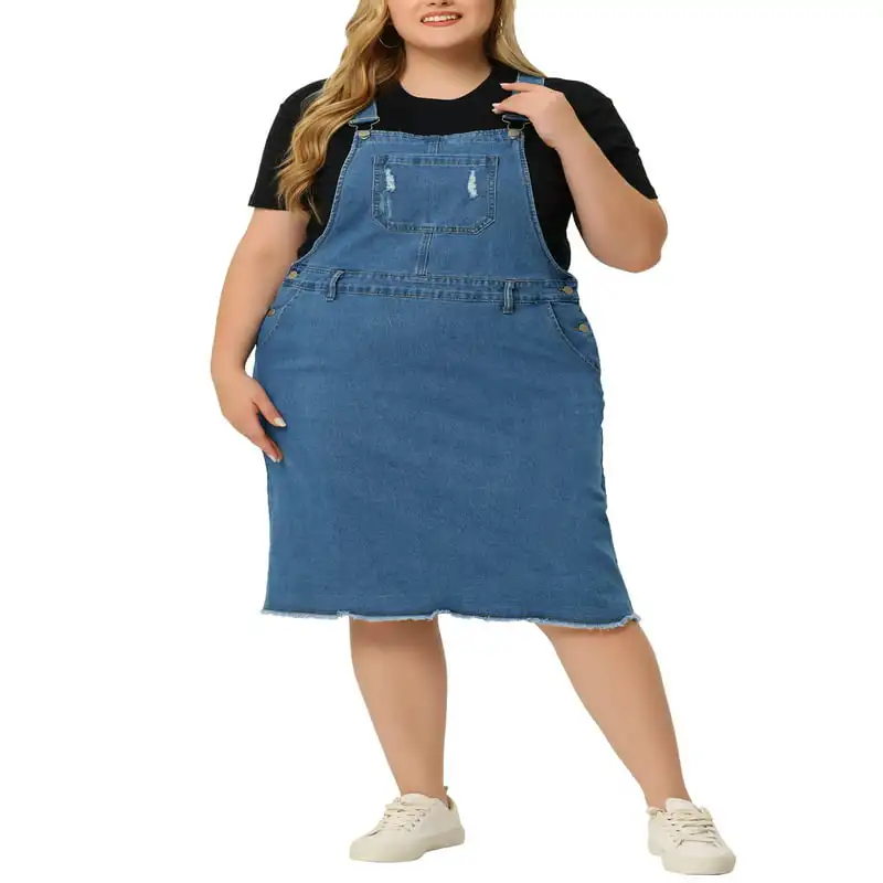 

Women`s Plus Size Distressed Pocket Racerback Suspender Overall Dress