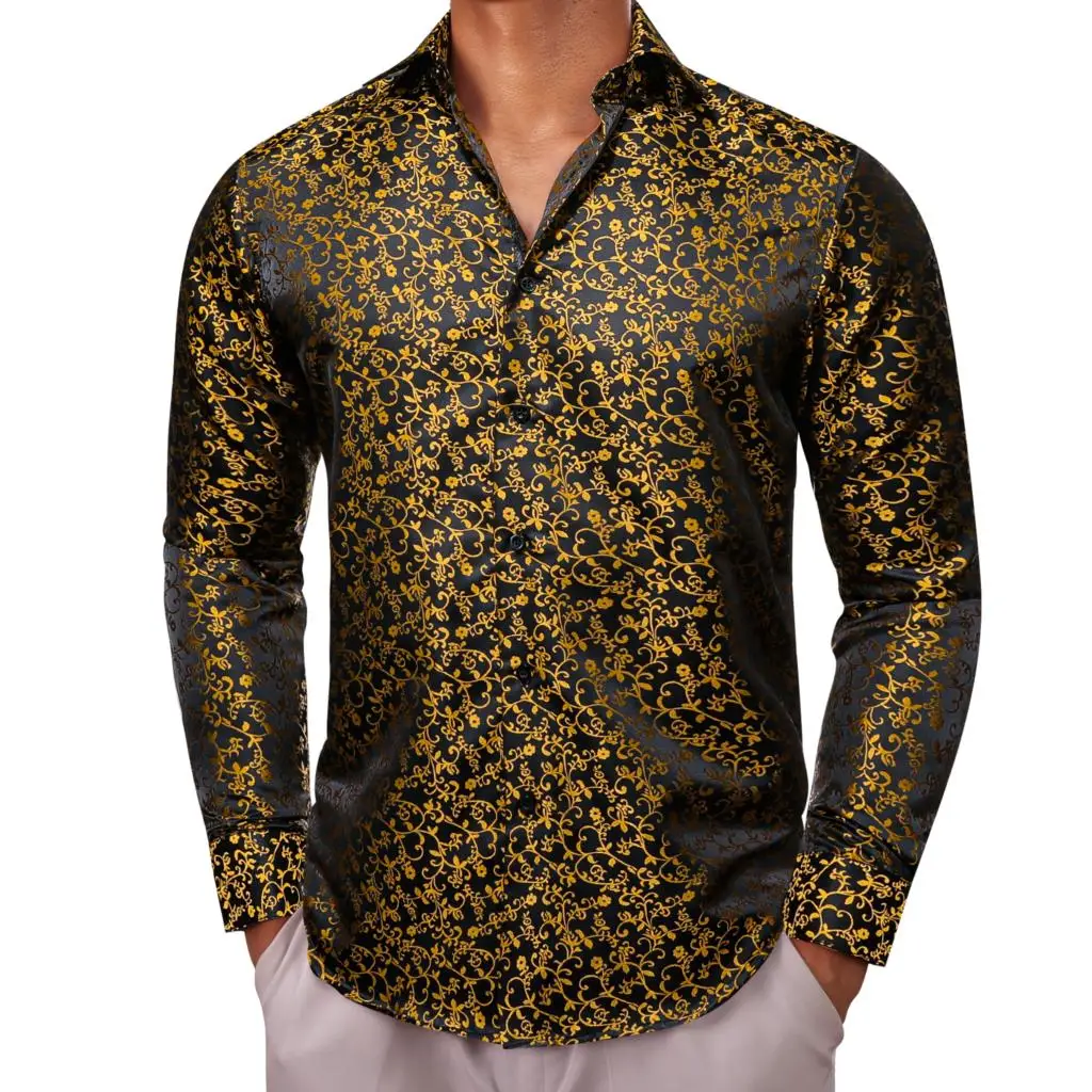 

Designer Shirts for Men Silk Long Sleeve Gold Black Flower Slim Fit Male Blouses Casual Formal Tops Breathable Barry Wang