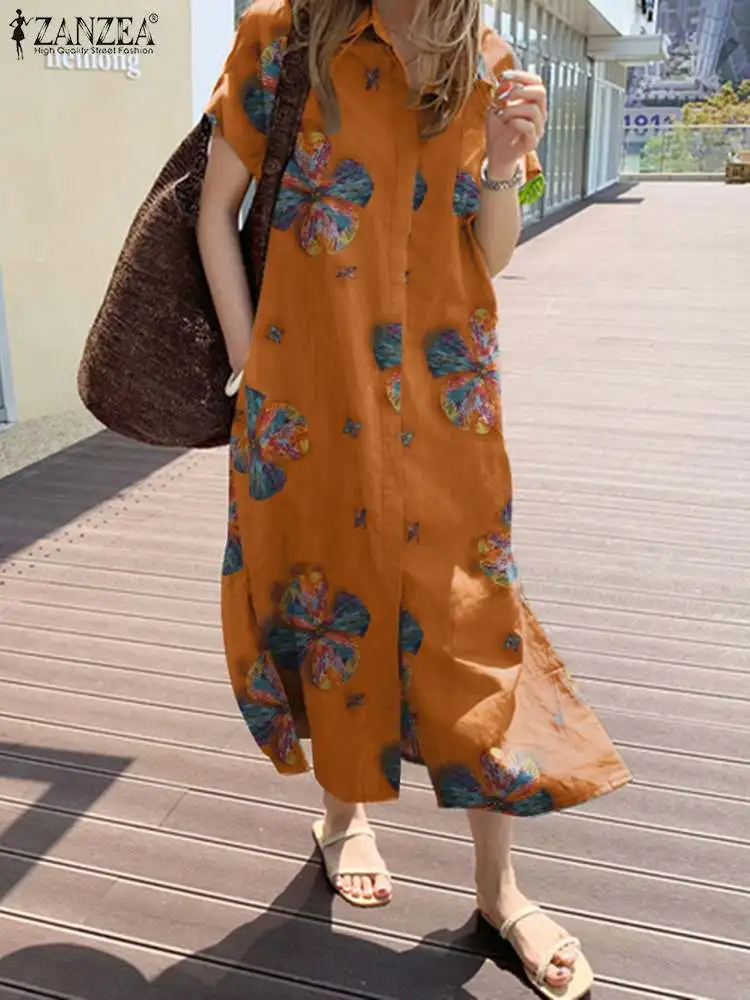 

Модное летнее женское платье ZANZEA с отложным воротником, повседневное винтажное праздничное платье с цветочным принтом, кафтан, платье до се...