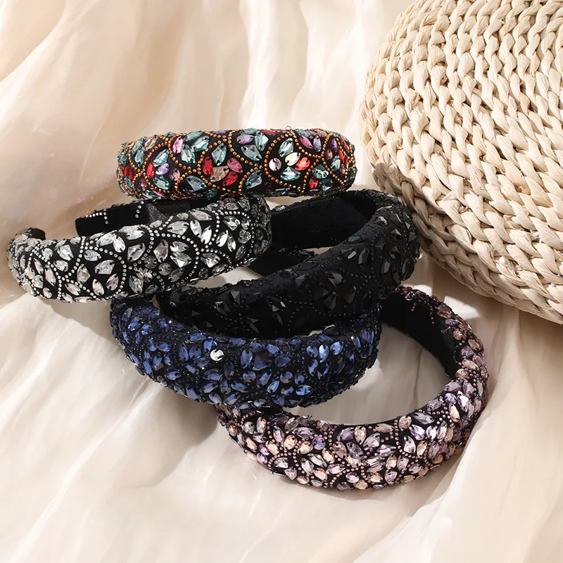 

Luxury Baroque Palace Style Full Rhinestone Headband Hair Accessories Women Thickened Sponge Embroidery Prom Hairband Hair Hoop