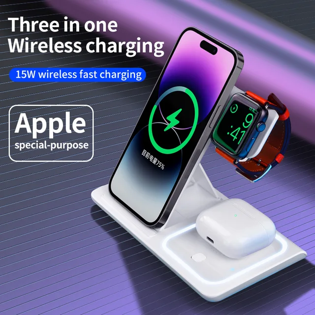 3 in 1 Induction Wireless Charger Stand Qi 15W for IPhone13 12 11 8 Pro XR XsMax Apple Watch SE6 5 4 3 AirPods Foldable Charging 1