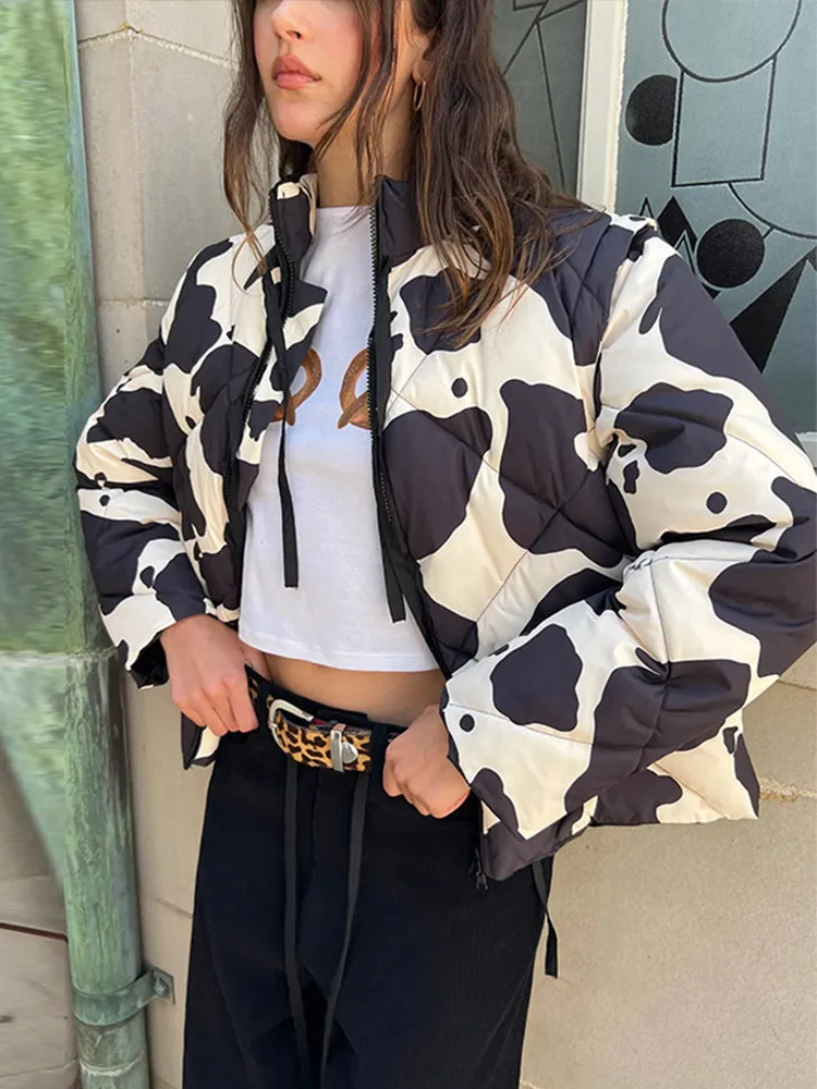 Модное женское пальто с принтом в стиле ретро круглым вырезом на молнии и лентой