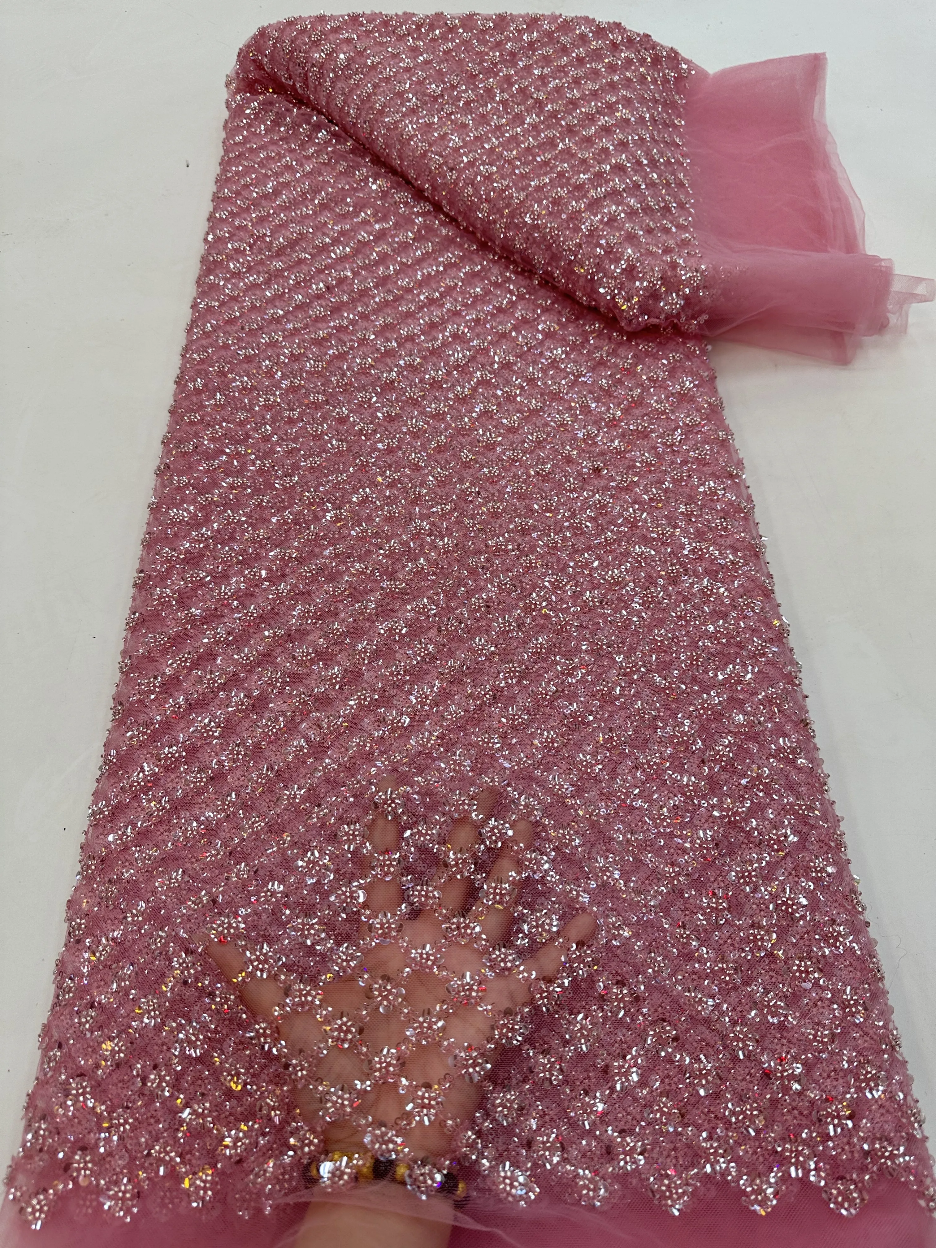 

African Beaded Sequence Tulle Lace Fabric 2023 High Quality Lace Material French Nigerian Sequins Lace Fabric For Wedding Sewing