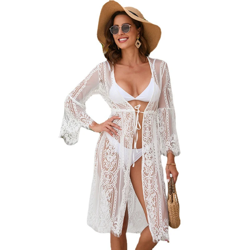 

Mesh Lace Cover Up Dress Women Bandage High Waist Cardigan Swimwear Summer New See Through Sexy Beach Without Bikinis Cover Ups