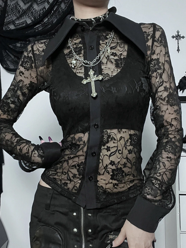 

Y2K Sexy Egirl Lace Slim See Through Shirt Personality Streetwear Fit Bodycon Draw Waist Top Gothic Dark Fashion Women's Clothes