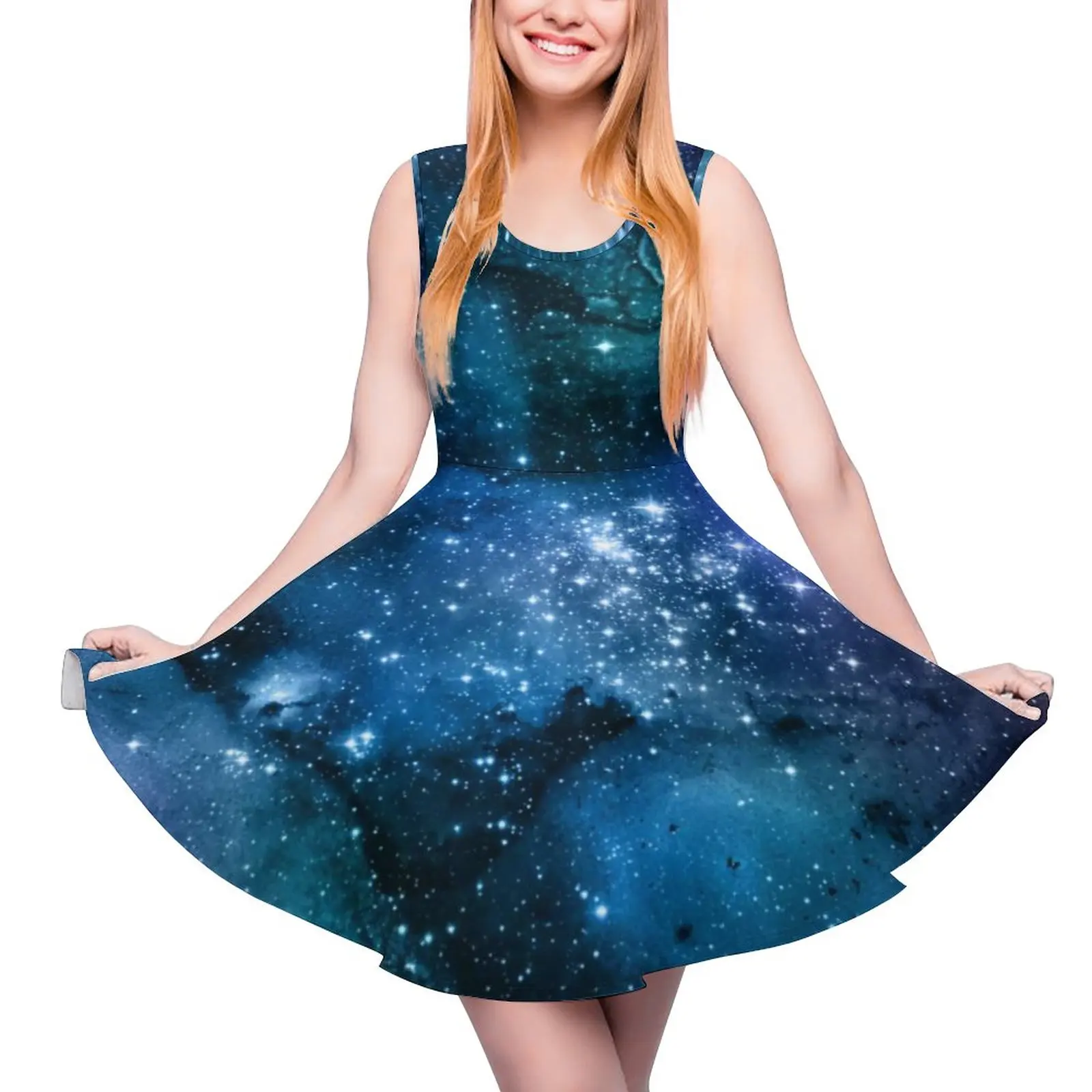 Blue Sky White Sparkles Dress Sleeveless Galaxy Lovers Starry Space Casual Dresses Ladies Oversized Modern Print Skate Dress