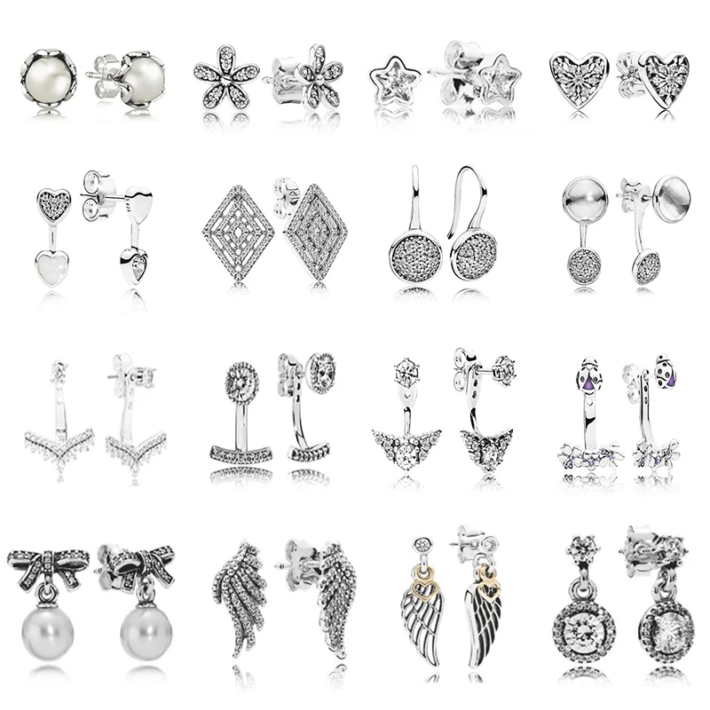 

Original 100% 925 Sterling Silver pan Earring With Crystal Luxury Earrings For Women Fairy Zircon Feather Pentagram Studs