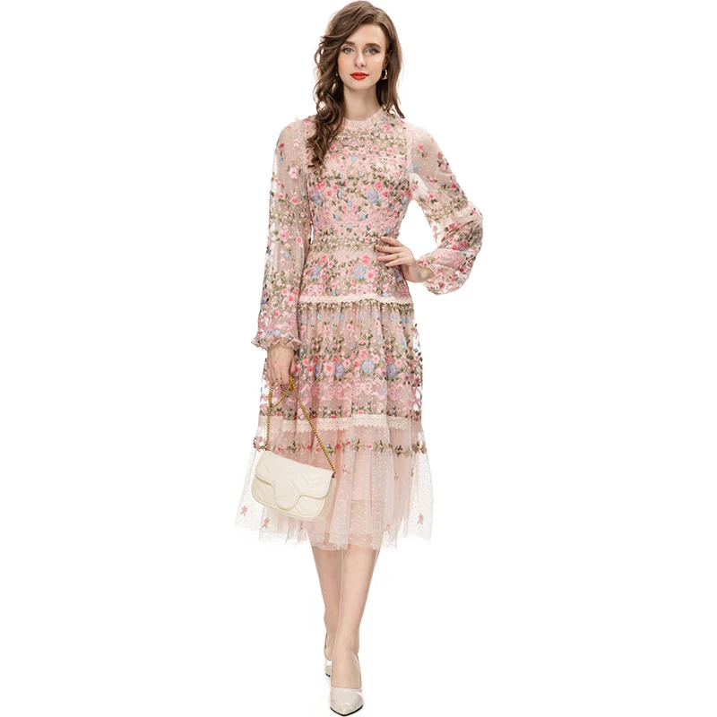 QMQA модные женские элегантные роскошные платья с длинным рукавом сетчатое платье