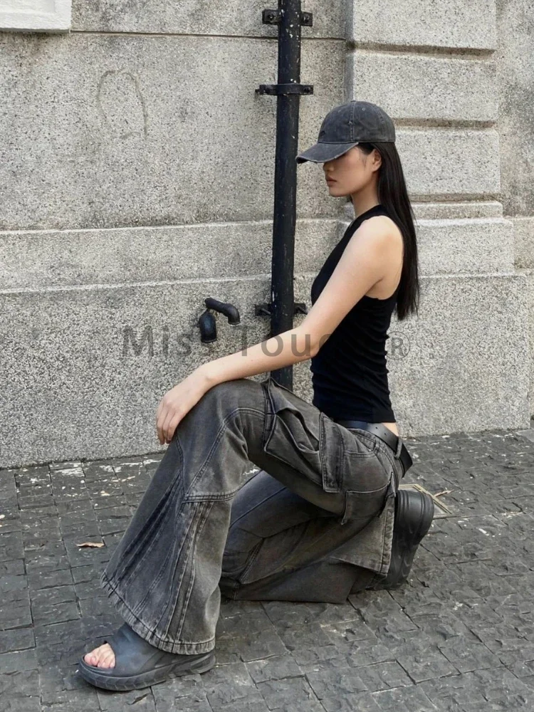 Джинсы с низкой талией и карманами 2000-х годов женские модные широкие