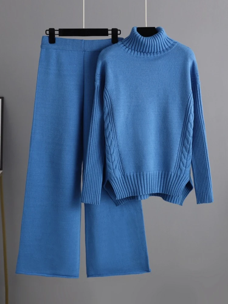 

Женский Повседневный комплект из 2 предметов, свитер с высоким воротником и широкие брюки с разрезом и длинными рукавами, мешковатые брюки с высокой талией