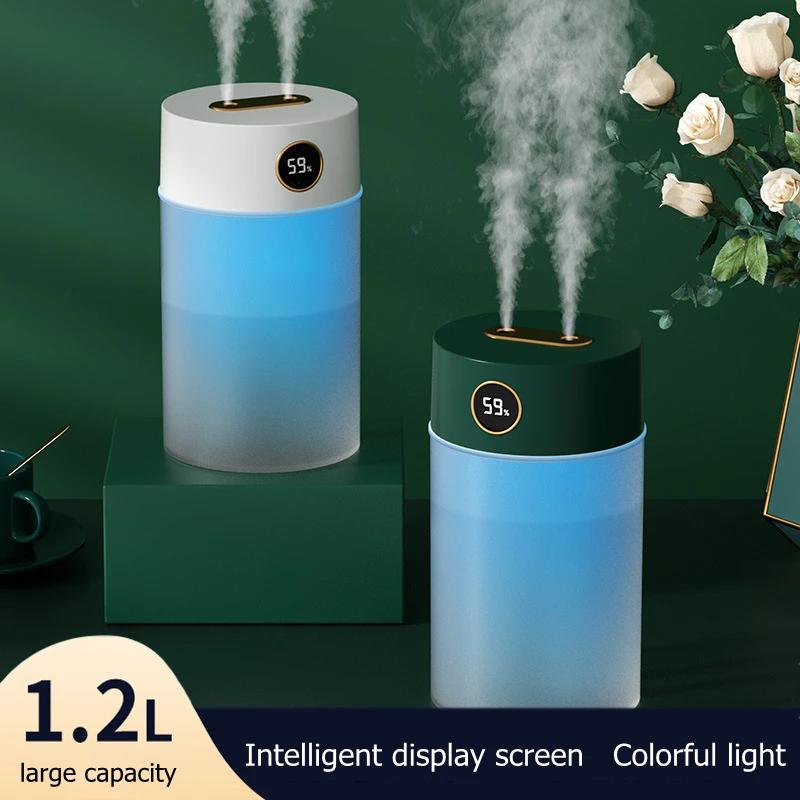 

1200ml Home Ultrasonic Air Humidifier USB Dual Nozzle Heavy Fog Mist Maker Fogger with Humidity Display Colorful LED Night Light