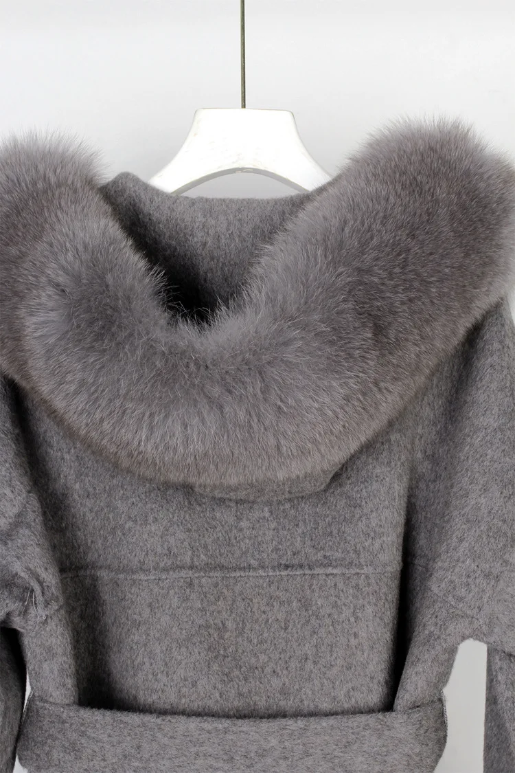 High-end Wool Coat Real Fox Fur Trim Hood and Sleeve Cuff Fur Luxury Cashmere Wool Blends Fashion Streetwear Belt Brand New enlarge