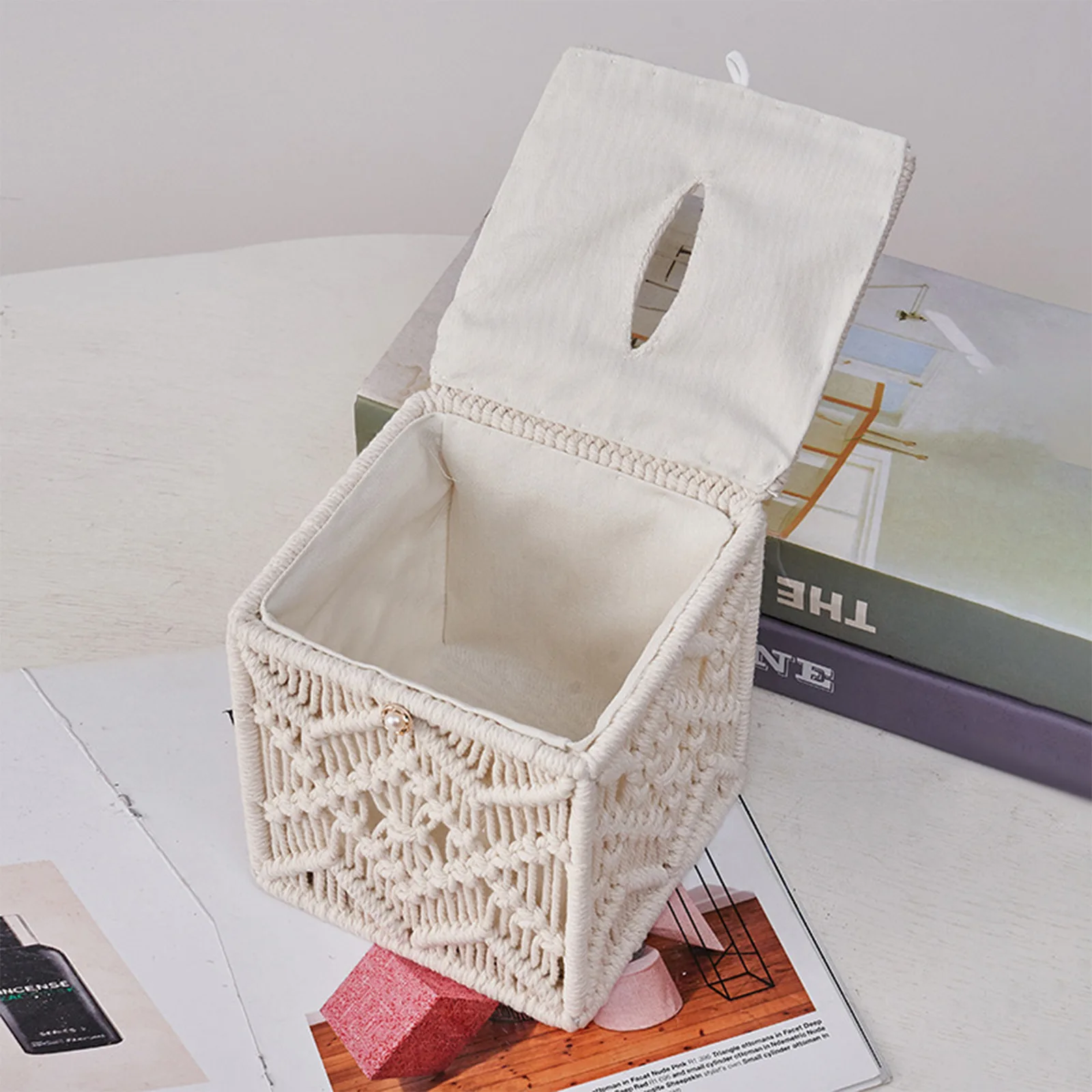 

1 Pcs Woven Tissue Box Cover Square Woven Macrame Tissue Holders With Bead Buckle For Home Living Room Decoration