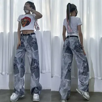 Print High Waisted Jeans Woman Street Vintage Hip Hop Baggy Jeans Women Clothing Casual Straight Wide Leg Women Jeans Pants 1