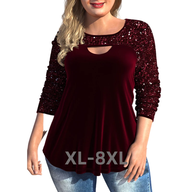 

Plus Size Christmas Design Wine Red T Shirt Sequined Patchwork Long Sleeve Tunic Top Cutout 3xl 4xl 5xl 6xl