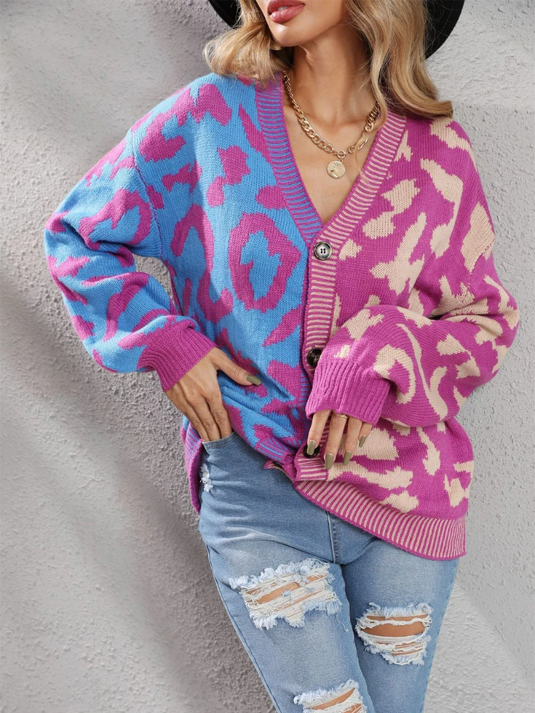 

Autumn Winter New Pink Leopard Print Cardigan Women Knitted Sweater V-neck Female Loose Leisure Coat Warm Cardigan for Women